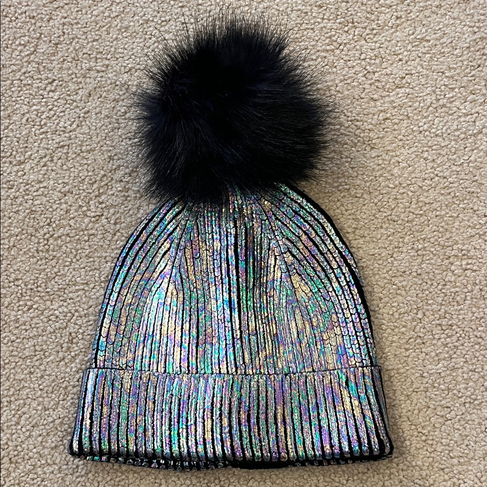 Steve Madden Iridescent Beanie with Black Pom Pom